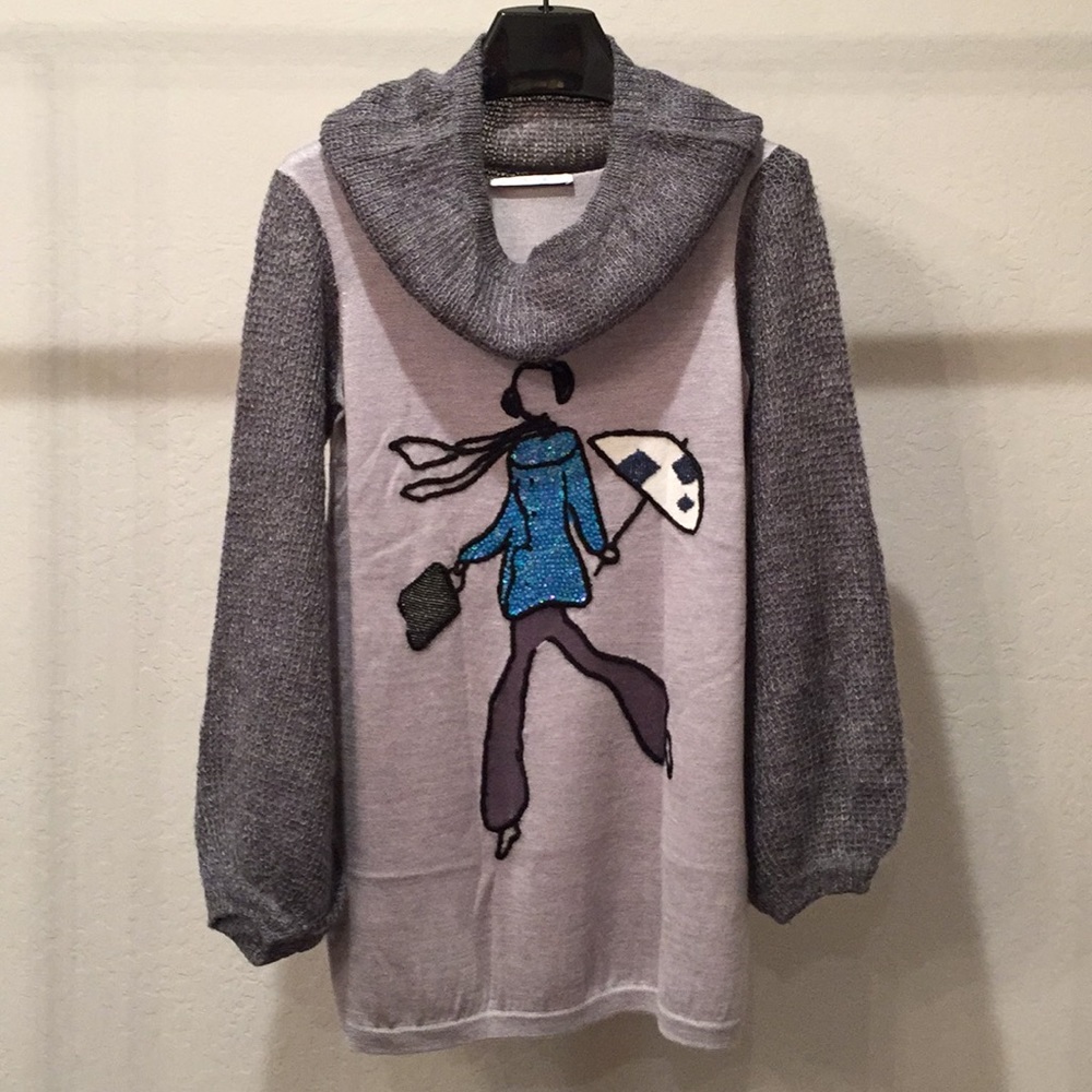 Gray funnel neck sweater with sequin design